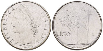 Италия 100 лир 1991 R, Афина в доспехах KM 96.2 нержавеющая сталь 4551-437