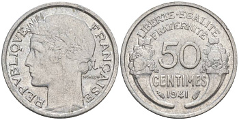 ФРАНЦИЯ 50 САНТИМОВ 1941 ТИП MORLON LOURDE KM 894.1a, LE FRANC 193.2 алюминий 44-325