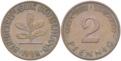 ФРГ 2 ПФЕННИГА 1968 J KM 106а, J. 381а сталь плакированная сталь плакированная медьюю 4181-754