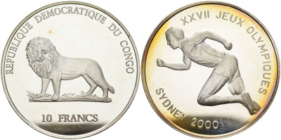 Конго 10 франков 2000 XXVII олимпийские игры в Сиднее, бег серебро PROOF 04-319-32