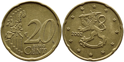 ФИНЛЯНДИЯ 20 ЕВРОЦЕНТОВ 2002 M KM 102 латунь 63-712