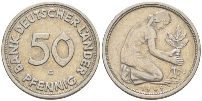 ФРГ 50 пфеннигов 1949 G KM 104, J. 379 медно-никель 112-945