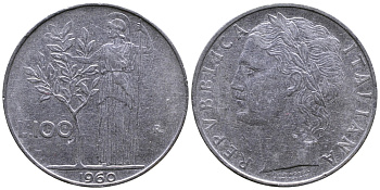 ИТАЛИЯ 100 ЛИР 1960 R, АФИНА KM 96.1 сталь 3334-933