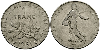 Франция 1 франк 1961 сеятель KM 925 никель 4135-815