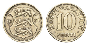 Эстония 10 сентов 1931 год-тип KM 12 никель латунь 4668-625