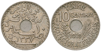 Тунис 10 сантимов 1919 АН 1337, Французский протекторат (1890-1959) KM 243 никель латунь aUNC 4615-536