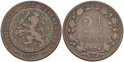 Нидерланды 2 1/2 цента 1877 Виллем III (1849-1890) KM 108 бронза 4575-913
