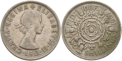 Великобритания 2 шиллинга (флорин) 1967 Елизавета II (1952-2022) KM 892, Spink 4138 медно-никель 4150-744