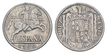 Испания 10 сентимо 1940 рыцарь на коне, Франсиско Франко (1939-1975) KM 766 алюминий 4619-1113