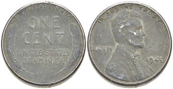 США 1 цент 1943 Авраам Линкольн KM 132а сталь плакированная цинком 218-914