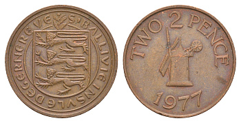 Гернси 2 пенса 1977 Елизавета II (1952-2022), ветряная мельница KM 28 бронза 4656-1056