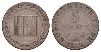 Вестфалия 5 сантимов 1812 C, Жером Бонапарт (1807-1813), из коллекции Ричарда Б. Смита Smith 298, KM 94, ASK 40 медь 1525-1123