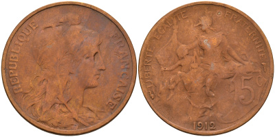 Франция 5 сантимов 1912 тип Дюпюи KM 842 бронза 4116-437