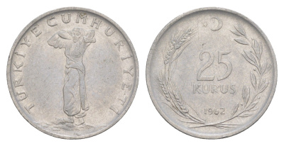 Турция 25 курушей 1962 KM 892.2 нержавеющая сталь 4648-656