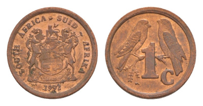 ЮАР 1 цент 1992 герб, капские воробьи KM 132 сталь плакированная медью aUNC 4608-653