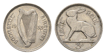Ирландия 3 пенса 1933 заяц KM 4 никель 3851-1118