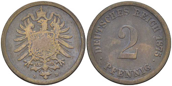 ГЕРМАНИЯ 2 ПФЕННИГА 1875 D, СТАРОГЕРБОВКА KM 2, J. 2, Weege 3 медь 212-527