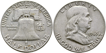 США 1/2 ДОЛЛАРА ( 50 ЦЕНТОВ ) 1963 D, ФРАНКЛИН, КОЛОКОЛ KM 199 серебро 58-711