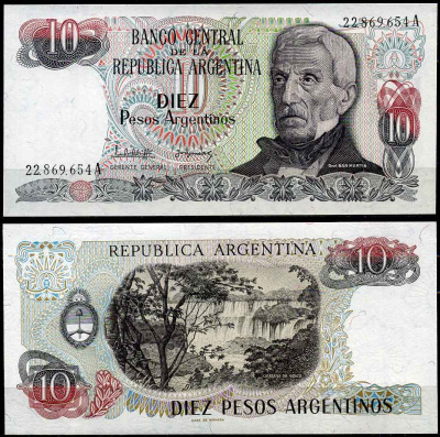 Аргентина 10 песо 1983 серия А 22869, Генерал Сан Мартин (1778-1850) Pick 313a  бумага  UNC (пресс) 447-24-1-2