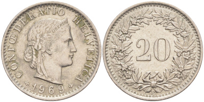 Швейцария 20 раппенов 1969 В KM 29а медно-никель 212-1036
