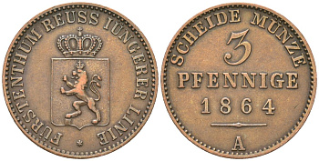 Рейсс-Шлейц 3 пфеннига 1864 A, Генрих XXII (1859-1867) KM 70 медь 68-842