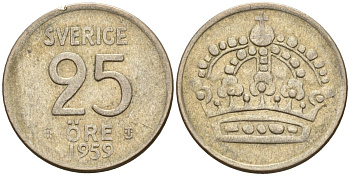 Швеция 25 эре 1959 TS, Густав VI Адольф (1950-1973) KM 824 серебро 4147-1064