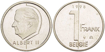 БЕЛЬГИЯ 1 ФРАНК 1998 BELGIE, АЛЬБЕРТ II (1993-) KM 188 железо плакированное никелем 3851-1154