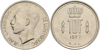 Люксембург 10 франков 1977 Великий герцог Жан (1964-2000) KM 57 никель 4120-1144