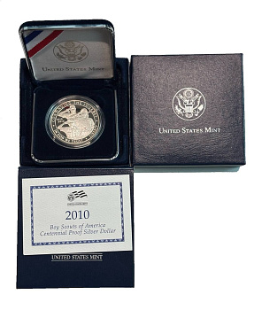 США 1 доллар 2010 100 лет бойскаутам Америки, в оригинальной коробке, с сертификатом KM 480 серебро PROOF 3-4-10-10