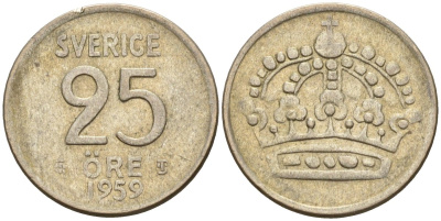Швеция 25 эре 1959 TS, Густав VI Адольф (1950-1973) KM 824 серебро 4147-1064
