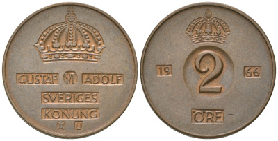 Швеция 2 эре 1966 U, Густав VI Адольф (1950-1973) KM 821 бронза 4594-358