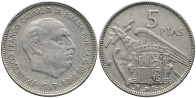 Испания 5 песет 1957 (64) Франсиско Франко (1939-1975) KM 786 медно-никель 4171-516