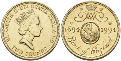 Великобритания 2 фунта 1994 Елизавета II (1952-2022), 300 лет банку Англии (1694-1994) KM 968, Spink 4314 (K4) никель латунь 88-422