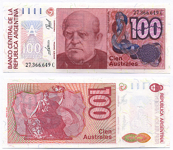 АРГЕНТИНА 100 АУСТРАЛЕЙ 1989 СЕРИЯ С 27366, Фаустино Сармьенто, Аргентинский военный деятель, масон Pick 327c, Bottero 2845 бумага UNC (ПРЕСС) 8564-38-1