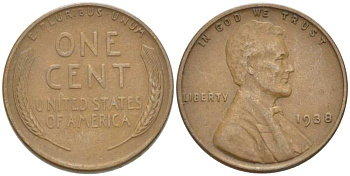 США 1 ЦЕНТ 1938 ЛИНКОЛЬН KM 132 бронза 3309-1242