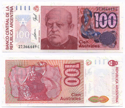 АРГЕНТИНА 100 АУСТРАЛЕЙ 1989 СЕРИЯ С 27366, Фаустино Сармьенто, Аргентинский военный деятель, масон Pick 327c, Bottero 2845 бумага UNC (ПРЕСС) 8564-38-1