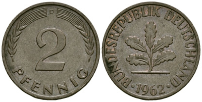 ФРГ 2 пфеннига 1962 D KM 106 бронза 4173-1142