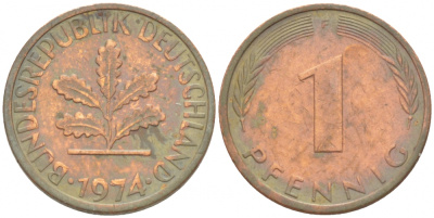 ФРГ 1 ПФЕННИГ 1974 F KM 105, J.380 сталь плакированная медью 3718-221