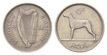 Ирландия 6 пенсов 1928 собака, ирландский волкодав KM 5 никель 4690-324