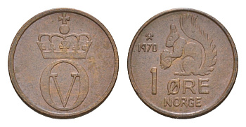 Норвегия 1 эре 1970 Улаф V (1957-1991) KM 403 бронза UNC 4632-1119