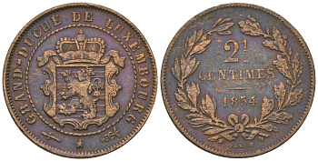 Люксембург 2 1/2 сантима 1854 KM 21 бронза 4602-369
