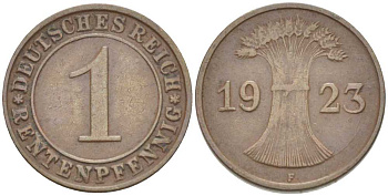 ГЕРМАНИЯ 1 РЕНТЕНПФЕННИГ 1923 F KM 30, J. 306 бронза 66-768