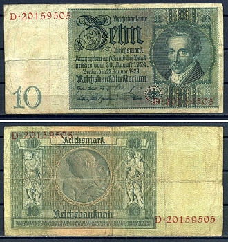 Германия 10 рейхсмарк 1929 Pick 180 a бумага 7552-34-3-1