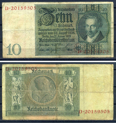 Германия 10 рейхсмарк 1929 Pick 180 a бумага 7552-34-3-1
