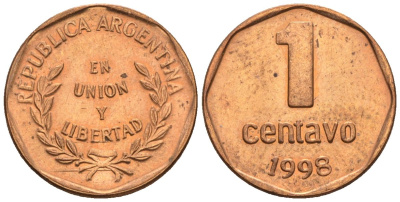 Аргентина 1 сентаво 1998 KM 113a, CJ 1.4, Schon 108a бронза aUNC4609-1233