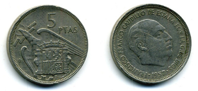 ИСПАНИЯ 5 ПЕСЕТ 1957 (65) ФРАНСИСКО ФРАНКО ДИКТАТОР ИСПАНИИ (1939-1975) KM 786 медно-никель 56-1042