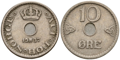 Норвегия 10 эре 1937 Хокон VII (1905-1957) KM 383 медно-никель 4189-747