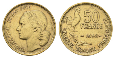 Франция 50 франков 1952 петух KM 918.1, Le Franc 425.5 алюминиевая бронза 3856-554