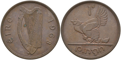 Ирландия 1 пенни 1968 курица с цыплятами KM 11 бронза 4144-1125