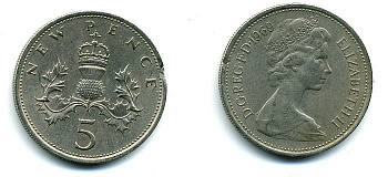 Великобритания 5 пенсов 1969 Елизавета II (1952-2022) KM 911, Spink 4233 (D1) медно-никель 4110-853